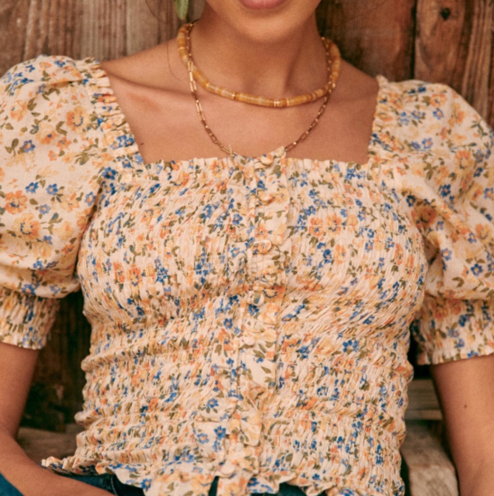 Sezane Mirtha Floral Smocked Puff Sleeve Top - Picture 3 of 11